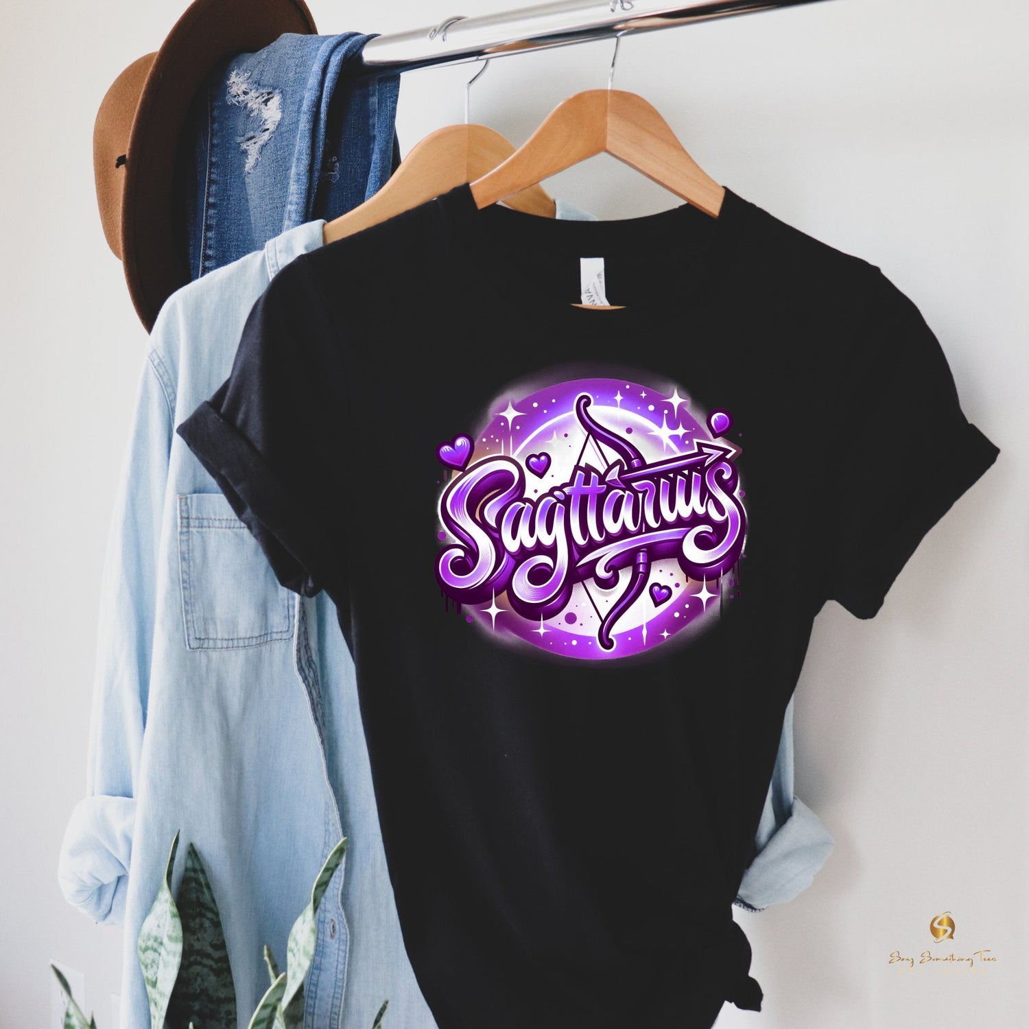 Retro Vibes: Black Zodiac Airbrush Design T-Shirt - saysomethingteez