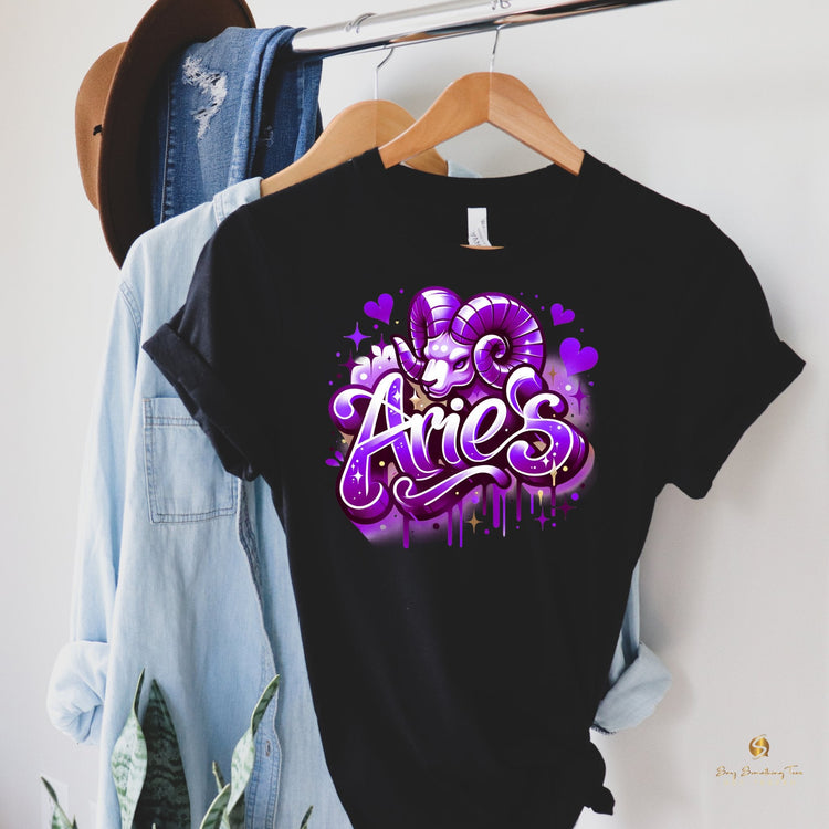 Retro Vibes: Black Zodiac Airbrush Design T-Shirt - saysomethingteez