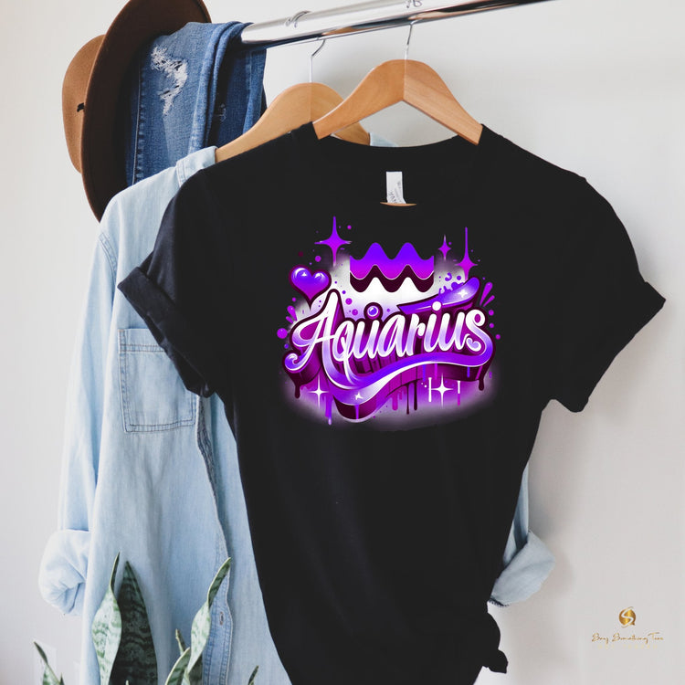 Retro Vibes: Black Zodiac Airbrush Design T-Shirt - saysomethingteez