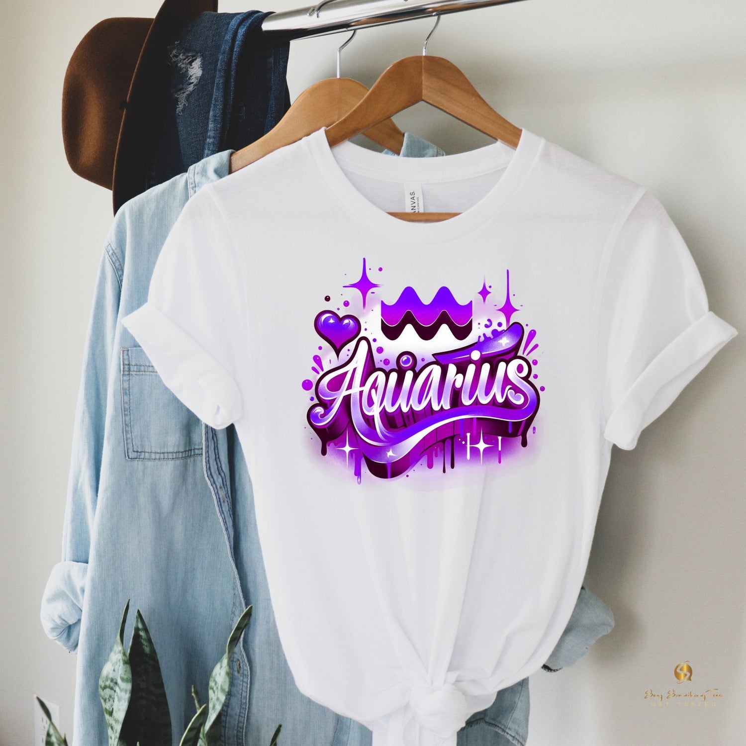 Retro Vibes: White Zodiac Airbrush Design T-Shirt - saysomethingteez